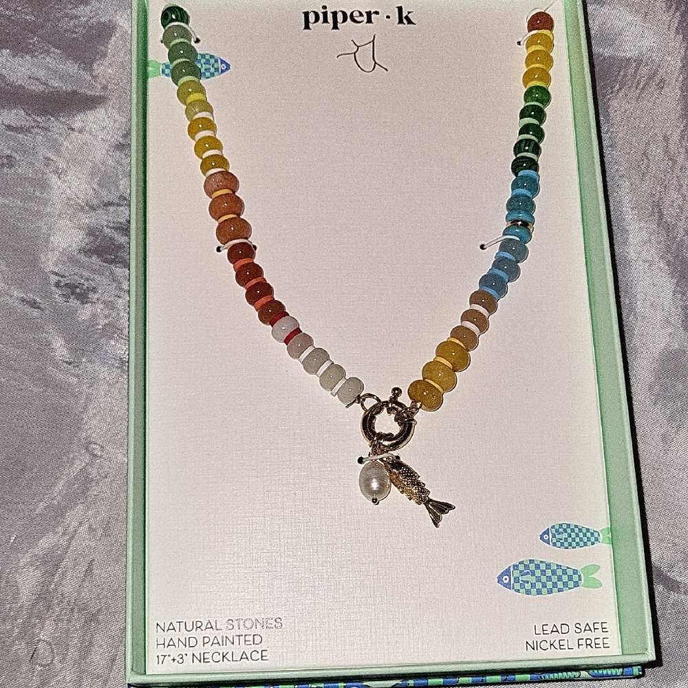 Piper K Multicolor Hand-Painted Natural Stone Fish Pearl Charm Necklace  Ti M